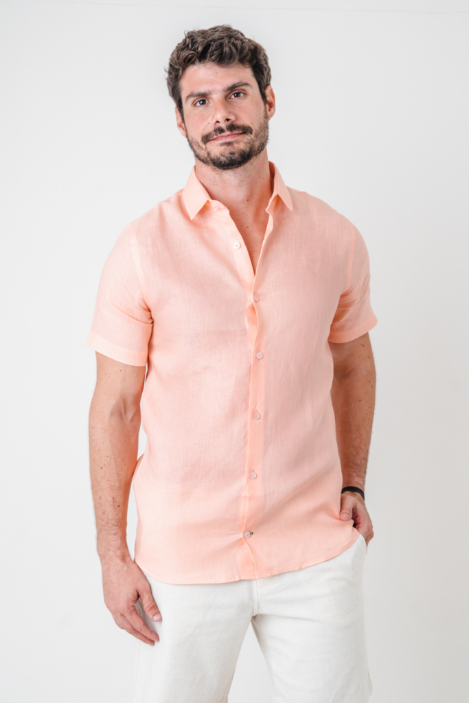 Camisa Linho Salmon Manga Curta