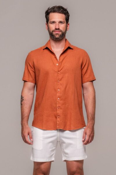 Camisa de Linho St. Tropez Trufa Manga Curta