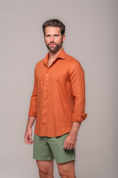 Camisa de Linho St. Tropez Trufa Manga Longa