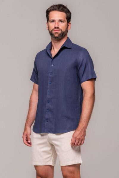 Camisa de Linho St. Tropez Azul Marinho Manga Curta