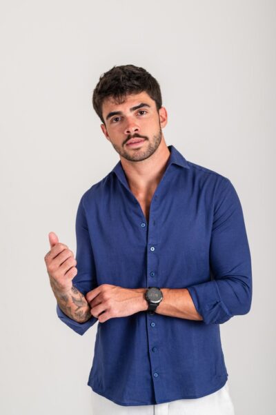 Camisa de Linho St. Tropez Azul Médio Manga Longa