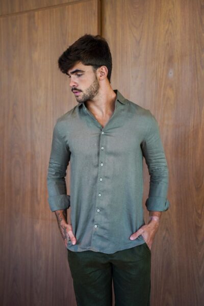 Camisa de Linho Irlandês Verde Militar